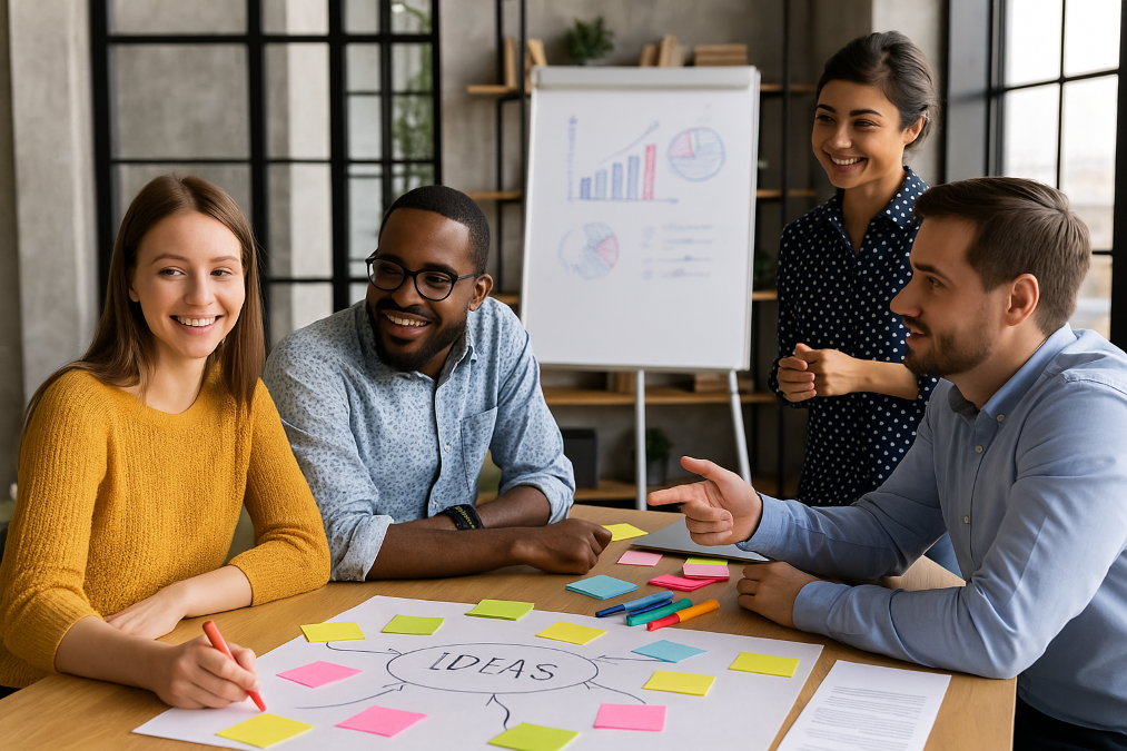 Workshop collaboratif avec une équipe de professionnels échangeant des idées autour de post-it colorés et d’un mind map en entreprise